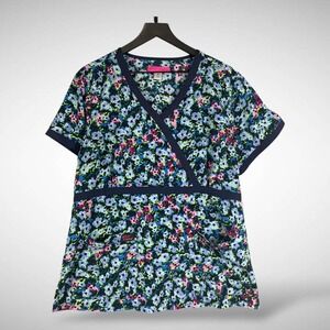 Betsey Johnson Womens XL Floral Scrub Top VNeck Mock Wrap Navy Trim Pockets